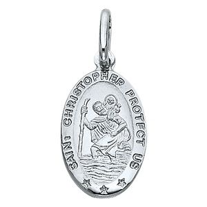 14k White Gold Small Religious Saint Christopher Oval Medal Charm Pendant